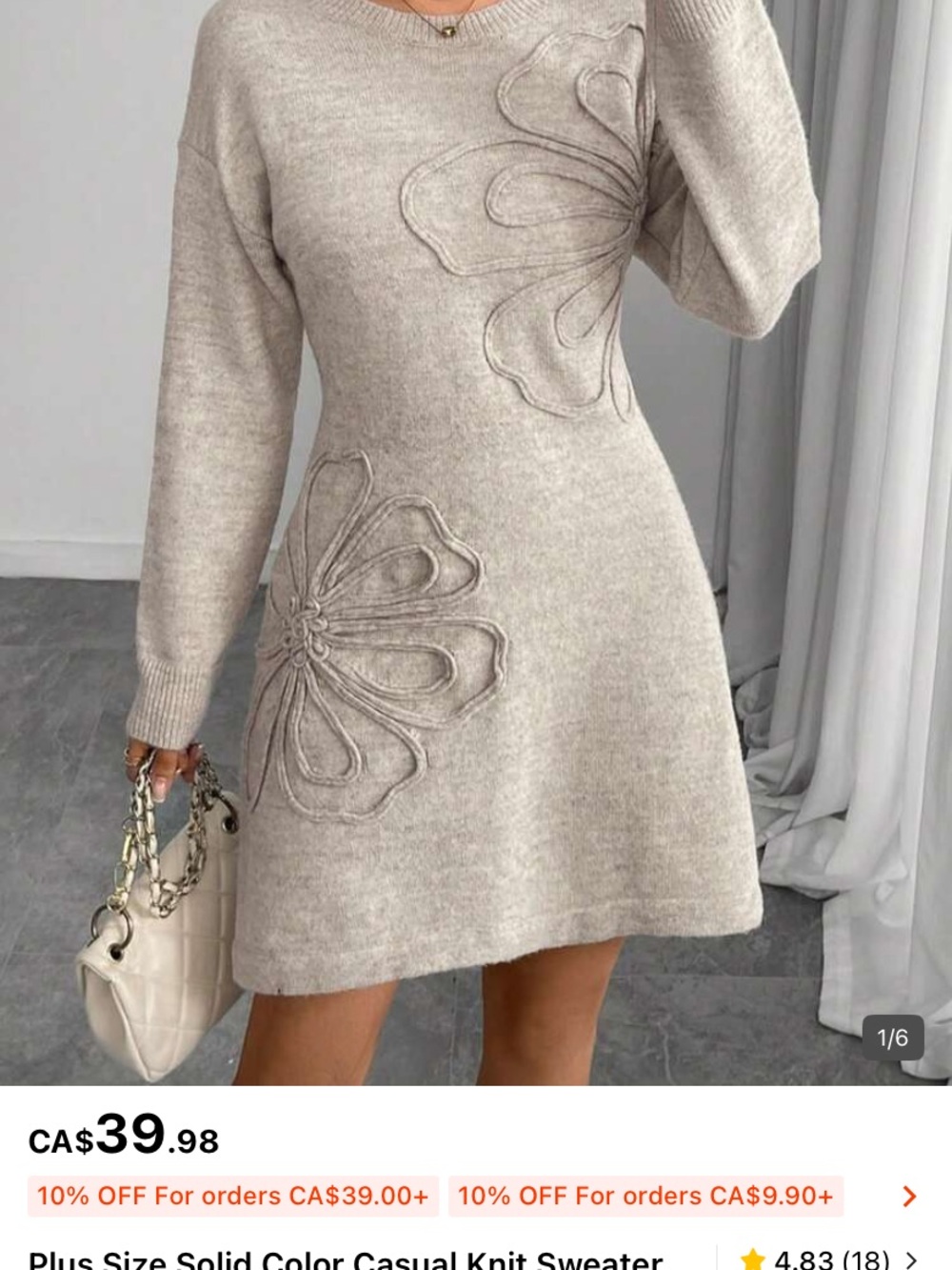 SHEIN Cream Crewneck Sweater Dress with Floral Appliqué